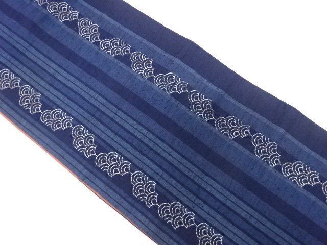 JAPANESE KIMONO / TSUMUGI / BLUE SEA WAVE PATTERN WOVEN STRIPES / ALL